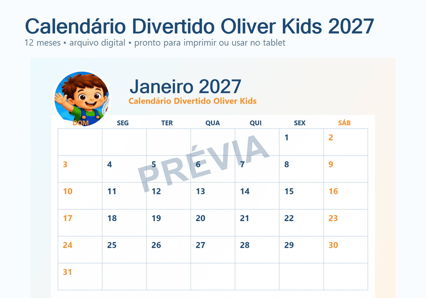Prévia de Calendário Divertido 2027